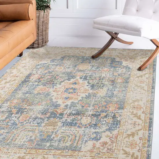 Blue and Ivory Oriental Power Loom Distressed Area Rug Photo 7