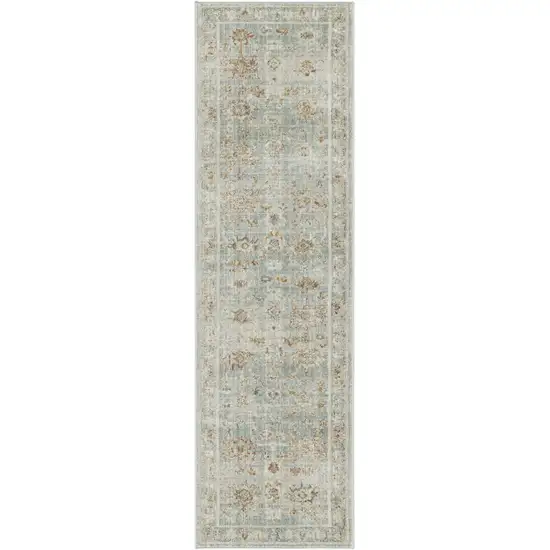 Blue and Ivory Oriental Power Loom Distressed Runner Rug With Fringe Photo 2