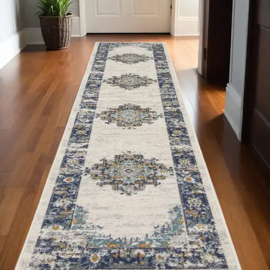 Blue and Ivory Oriental Power Loom Distressed Runner Rug Photo 2