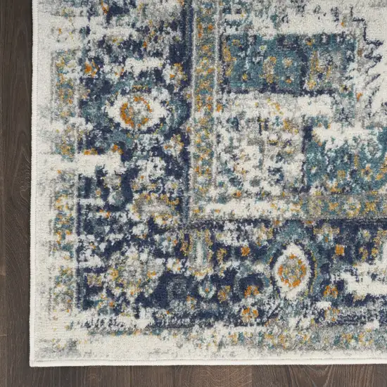 Blue and Ivory Oriental Power Loom Distressed Runner Rug Photo 3