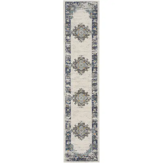 Blue and Ivory Oriental Power Loom Distressed Runner Rug Photo 1