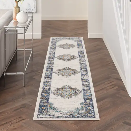 Blue and Ivory Oriental Power Loom Distressed Runner Rug Photo 9