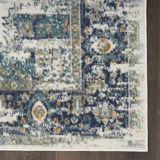 Blue and Ivory Oriental Power Loom Distressed Runner Rug Photo 6