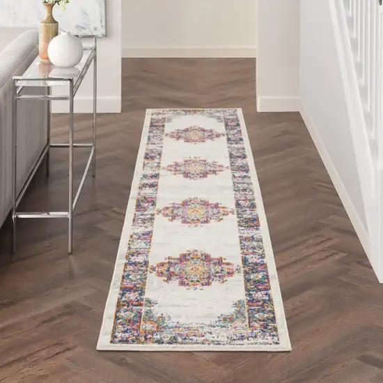 Blue and Ivory Oriental Power Loom Distressed Runner Rug Photo 9