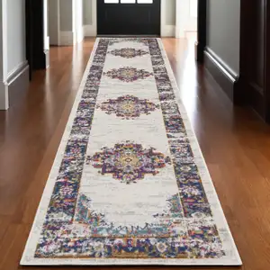 Photo of Blue and Ivory Oriental Power Loom Distressed Runner Rug