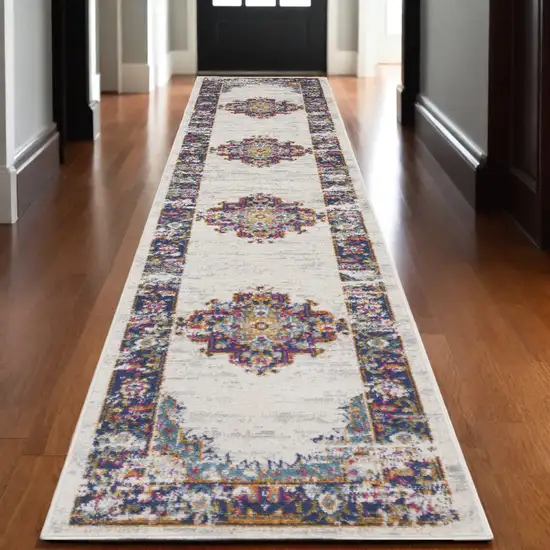 Blue and Ivory Oriental Power Loom Distressed Runner Rug Photo 2