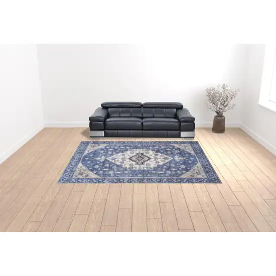 Blue and Ivory Oriental Power Loom Distressed Washable Non Skid Area Rug Photo 3