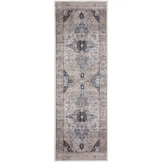 Blue and Ivory Oriental Power Loom Distressed Washable Non Skid Runner Rug Photo 2