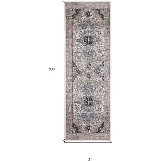 Blue and Ivory Oriental Power Loom Distressed Washable Non Skid Runner Rug Photo 3