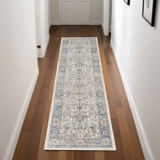 Blue and Ivory Oriental Power Loom Runner Rug Photo 1