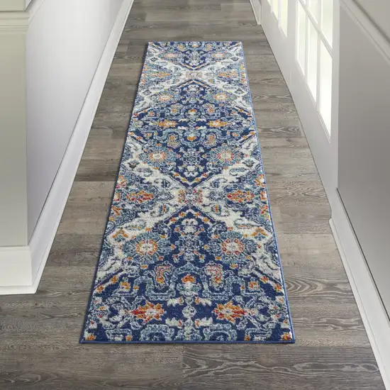 8' Blue And Ivory Floral Runner Rug Photo 7