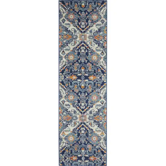 8' Blue And Ivory Floral Runner Rug Photo 1