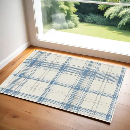 Blue and Ivory Plaid Power Loom Area Rug Photo 1