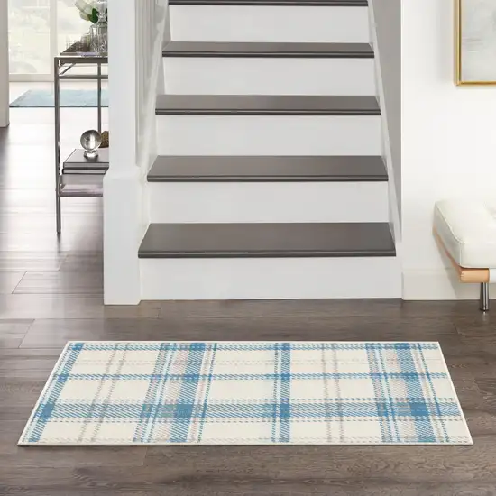 Blue and Ivory Plaid Power Loom Area Rug Photo 8