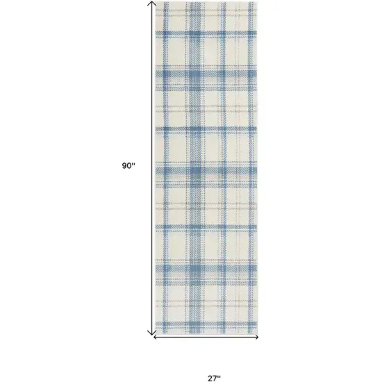 Blue and Ivory Plaid Power Loom Runner Rug Photo 9