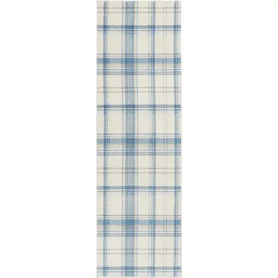 Blue and Ivory Plaid Power Loom Runner Rug Photo 2