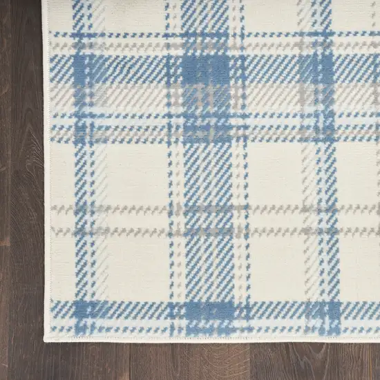 Blue and Ivory Plaid Power Loom Runner Rug Photo 6