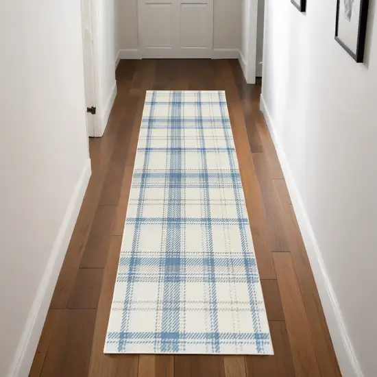 Blue and Ivory Plaid Power Loom Runner Rug Photo 1