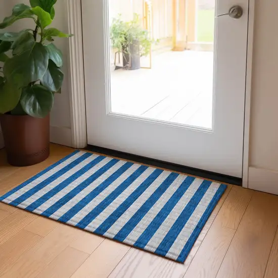 Blue and Ivory Striped Washable Non Skid Indoor Outdoor Area Rug Photo 9