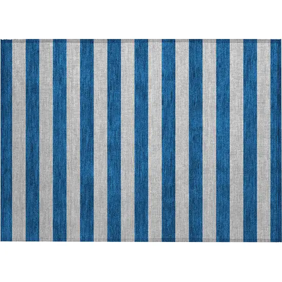 Blue and Ivory Striped Washable Non Skid Indoor Outdoor Area Rug Photo 2