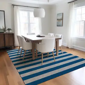 Photo of Blue and Ivory Striped Washable Non Skid Indoor Outdoor Area Rug