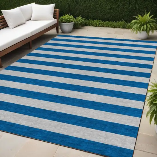 Blue and Ivory Striped Washable Indoor Outdoor Area Rug Photo 2