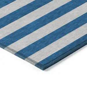 Photo of Blue and Ivory Striped Washable Non Skid Indoor Outdoor Area Rug