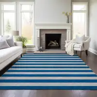 Photo of Blue and Ivory Striped Washable Non Skid Indoor Outdoor Area Rug