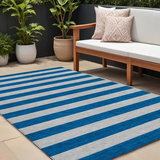 Blue and Ivory Striped Washable Indoor Outdoor Area Rug Photo 1