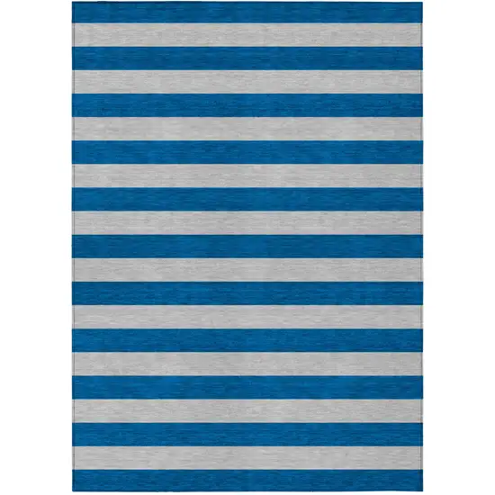 Blue and Ivory Striped Washable Non Skid Indoor Outdoor Area Rug Photo 1