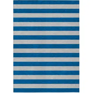 Photo of Blue and Ivory Striped Washable Non Skid Indoor Outdoor Area Rug