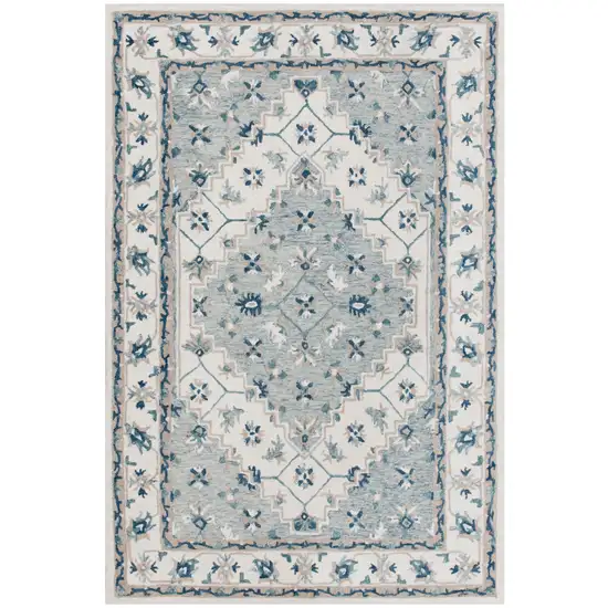 Blue and Ivory Wool Floral Hand Tufted Area Rug Photo 2