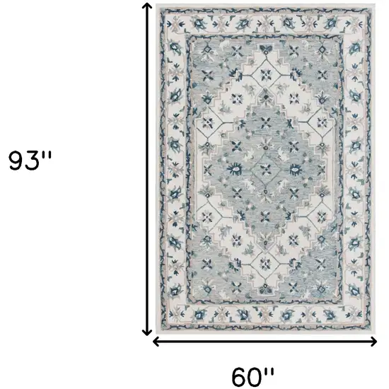 Blue and Ivory Wool Floral Hand Tufted Area Rug Photo 3