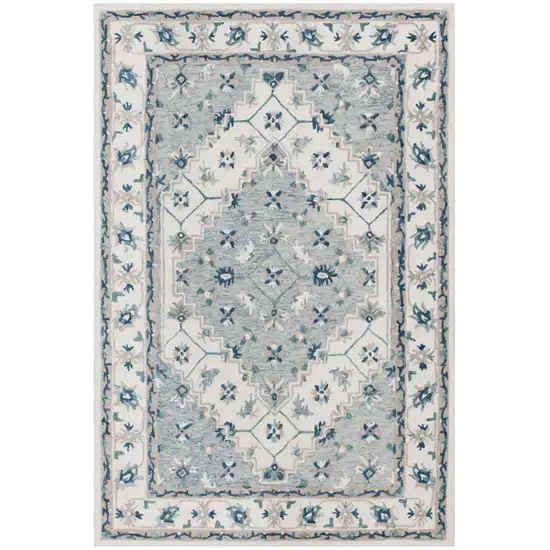 Blue and Ivory Wool Floral Hand Tufted Area Rug Photo 7