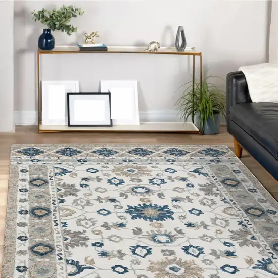 Blue and Ivory Wool Floral Hand Tufted Area Rug Photo 9