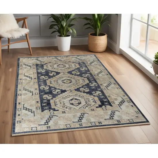 Blue and Ivory Wool Geometric Hand Knotted Area Rug With Fringe Photo 1