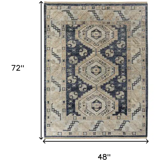 Blue and Ivory Wool Geometric Hand Knotted Area Rug With Fringe Photo 3