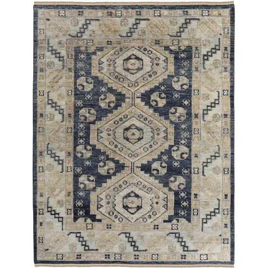 Blue and Ivory Wool Geometric Hand Knotted Area Rug With Fringe Photo 5