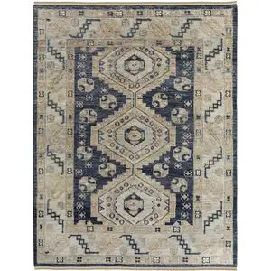 Photo of Blue and Ivory Wool Geometric Hand Knotted Area Rug With Fringe