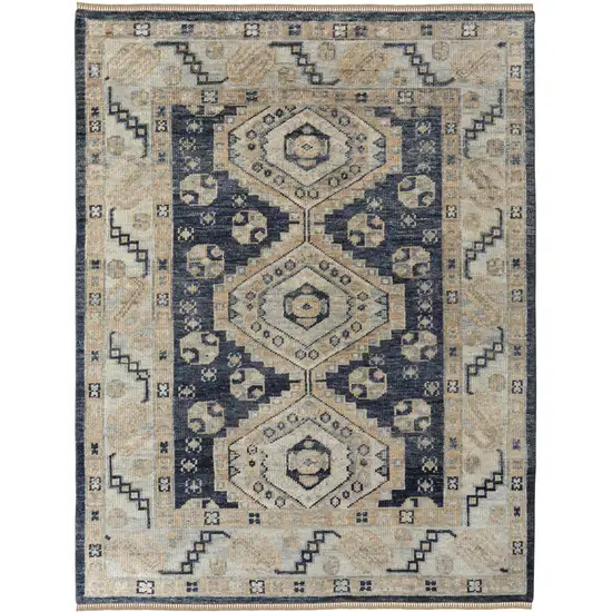 Blue and Ivory Wool Geometric Hand Knotted Area Rug With Fringe Photo 2