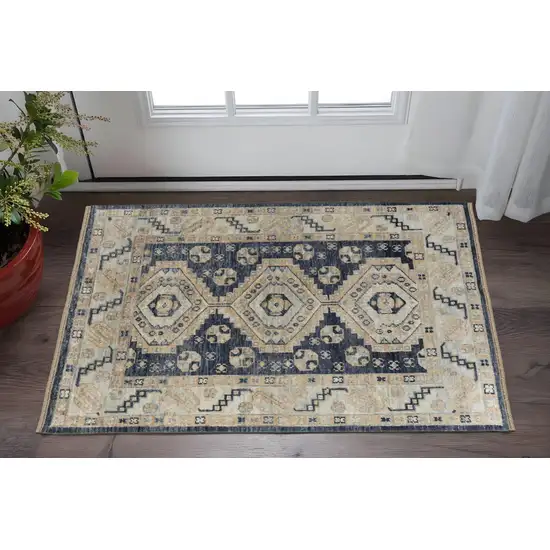 Blue and Ivory Wool Geometric Hand Knotted Area Rug With Fringe Photo 1