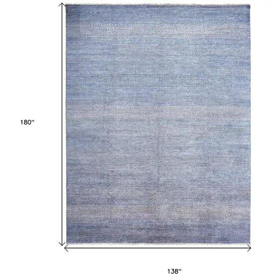 Blue and Ivory Wool Striped Shag Hand Knotted Area Rug Photo 3