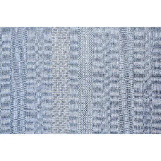 Blue and Ivory Wool Striped Shag Hand Knotted Area Rug Photo 6