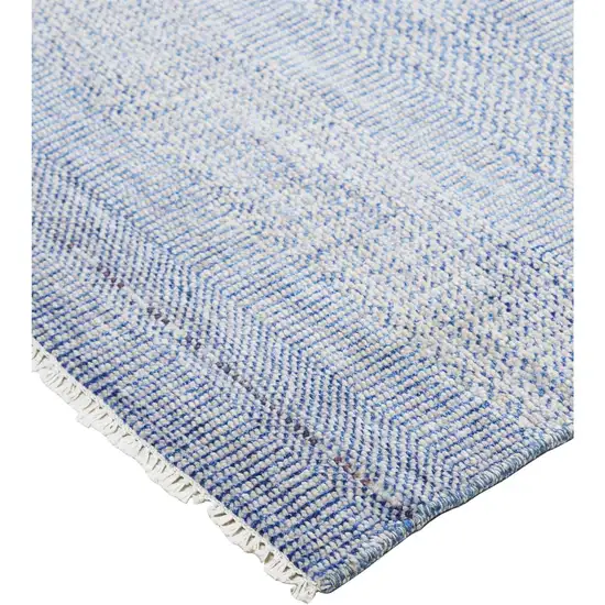 Blue and Ivory Wool Striped Shag Hand Knotted Area Rug Photo 4