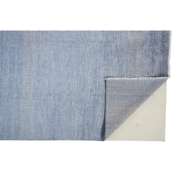 Blue and Ivory Wool Striped Shag Hand Knotted Area Rug Photo 5