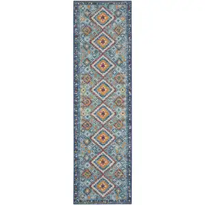 Photo of Blue and Multi Diamonds Runner Rug