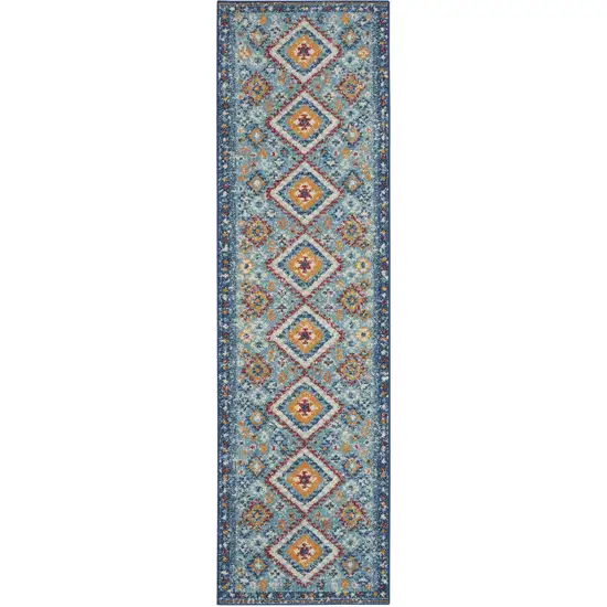 8' Blue And Orange Geometric Runner Rug Photo 1