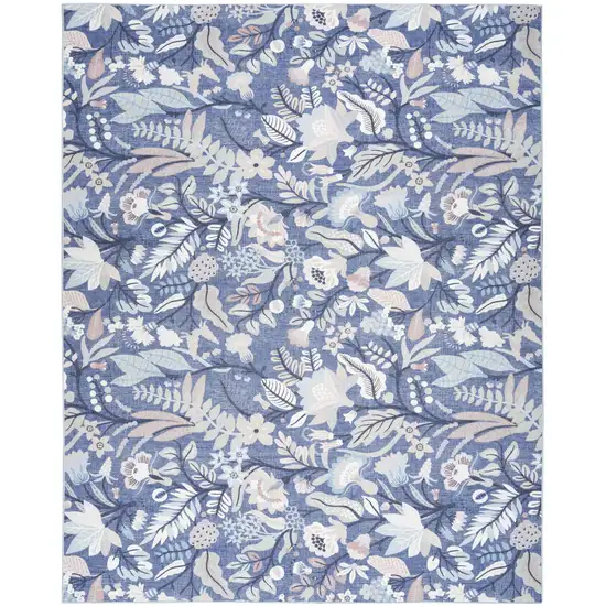 Blue and Off White Floral Power Loom Washable Non Skid Area Rug Photo 1