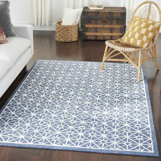 Blue and Off White Geometric Hand Tufted Area Rug Photo 6