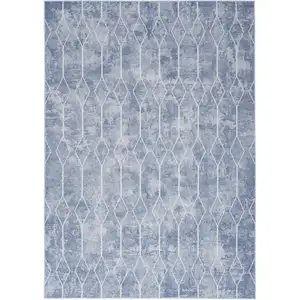 Photo of Blue and Off White Geometric Power Loom Washable Area Rug